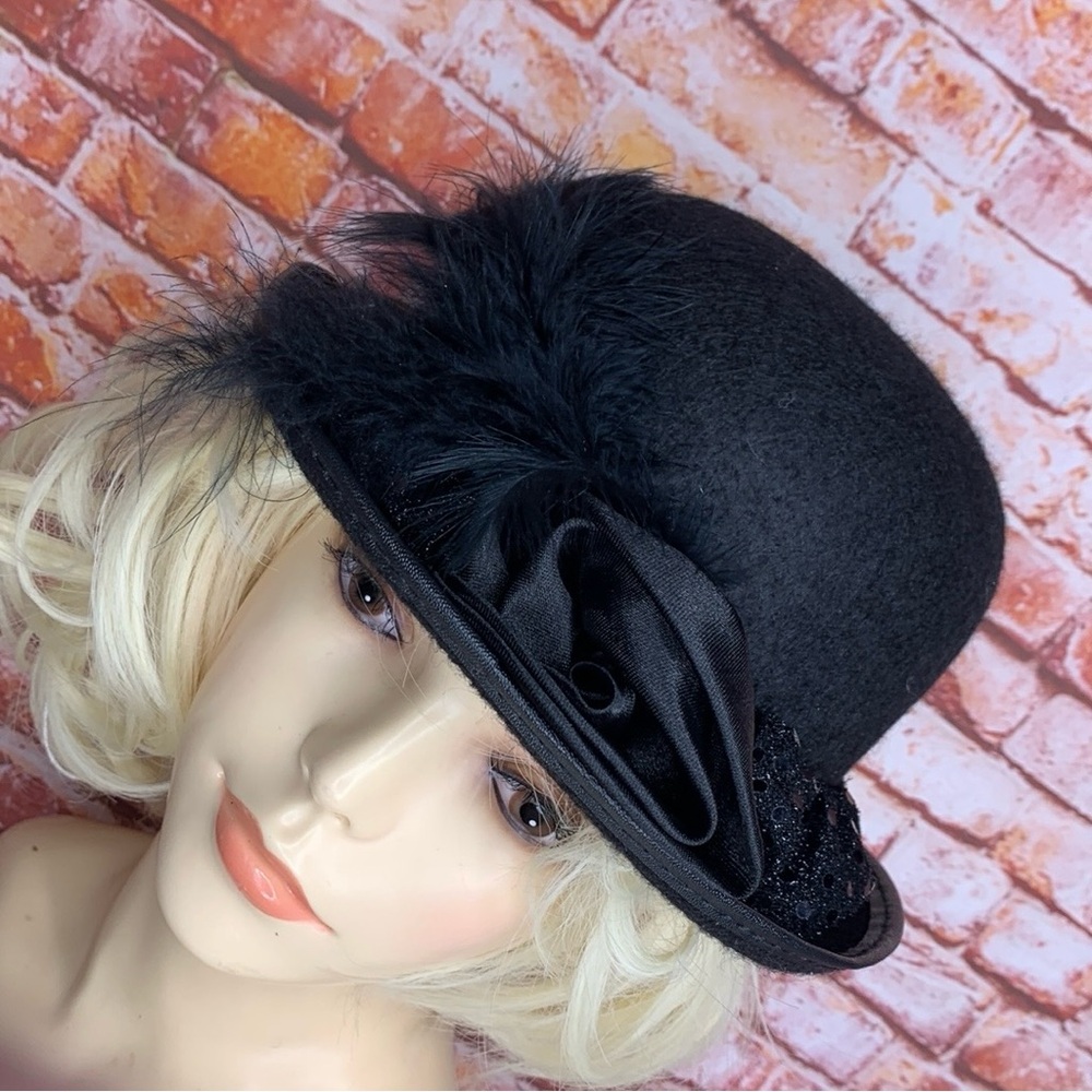 Black Felt Feather and Rhinestone Glam Costume Bowler Hat - Picture 1 of 10
